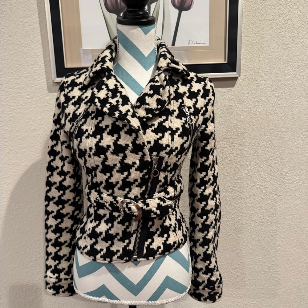 Express Womens Stylish Black and White Houndstooth Women's Belted Jacket XS